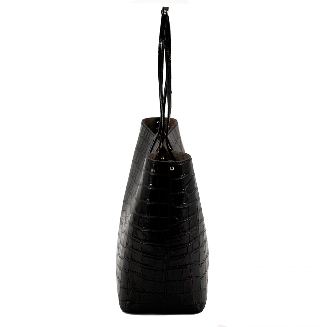 Maxima Croco Tote, cabas pour ordinateur en cuir italien embossé croco noir – vue de côté