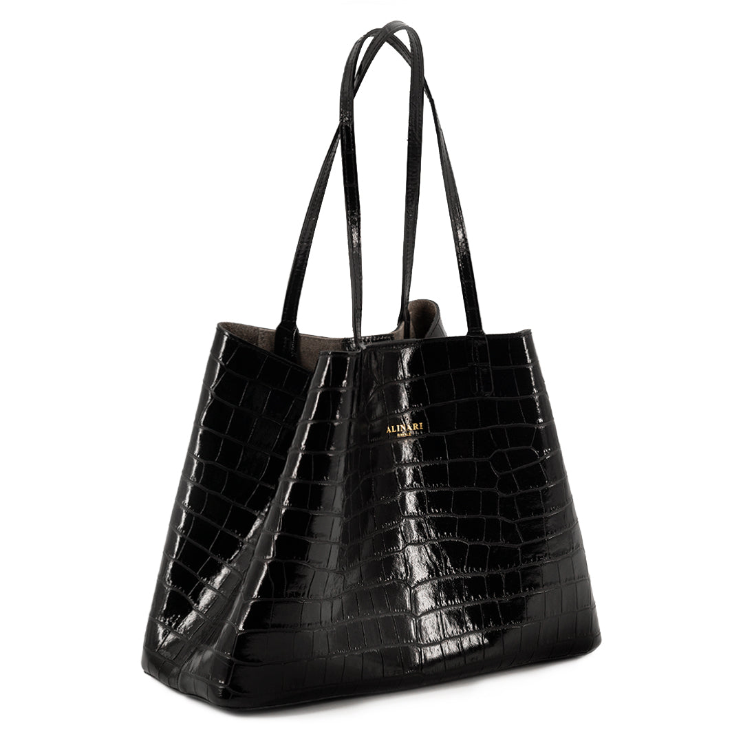 Maxima Croco Tote, cabas pour ordinateur en cuir italien embossé croco noir – vue inclinée sur l'ouverture