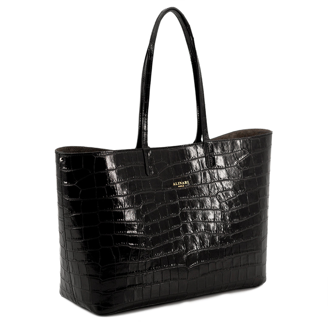 Maxima Croco Tote, laptop tote in black croc-embossed Italian leather – three-quarter view