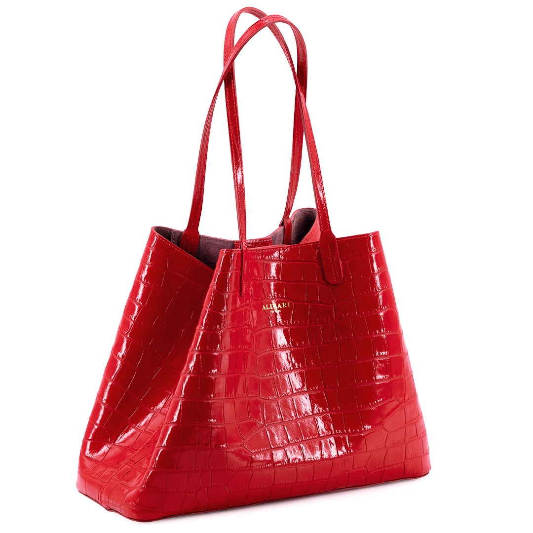 Maxima Croco Tote, laptop tote in red croc-embossed Italian leather – angled view with the open top