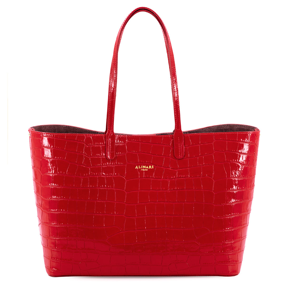 Maxima Croco Tote, laptop tote in red croc-embossed Italian leather – front view – Made in Italy