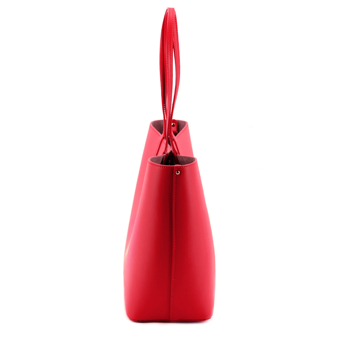Maxima Tote, laptop tote in red smooth Italian leather – side view