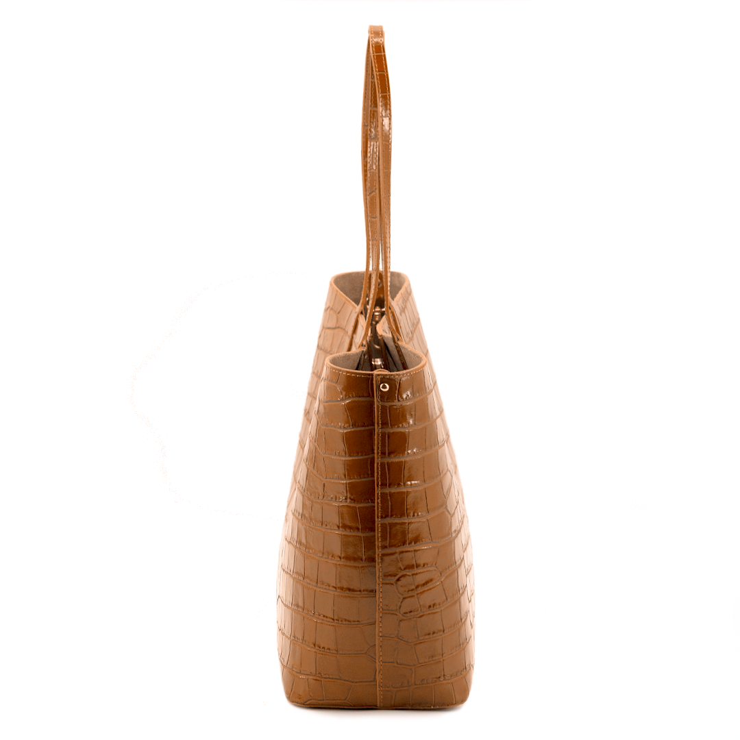 Maxima Croco Tote, cabas pour ordinateur en cuir italien embossé croco camel – vue de côté