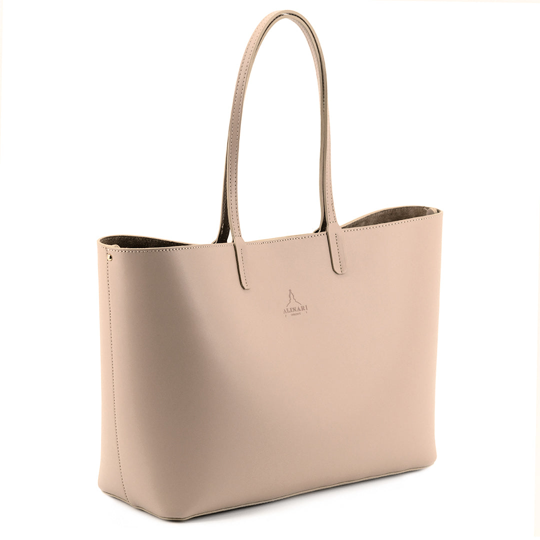 Maxima Tote, laptop tote in beige smooth Italian leather – front view