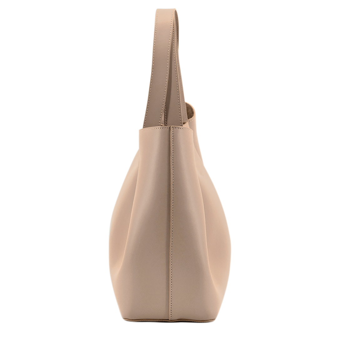 Viviene Tote, slim tote in taupe Italian Ruga leather – side view