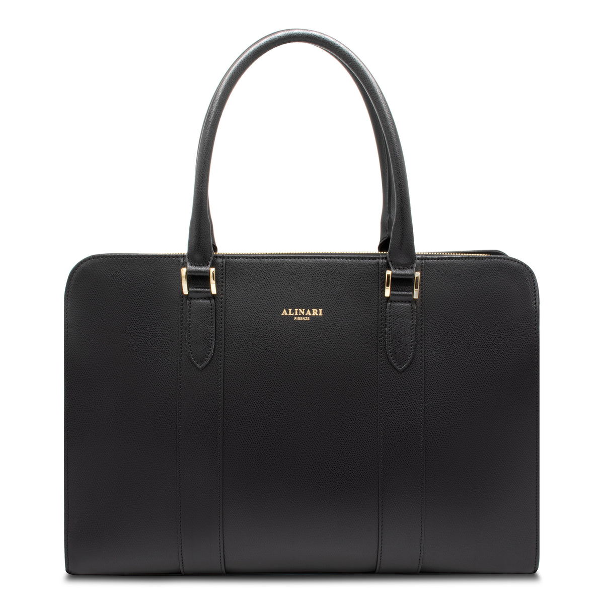 Alinari Tote, work tote in black textured Italian leather – front view – Made in Italy