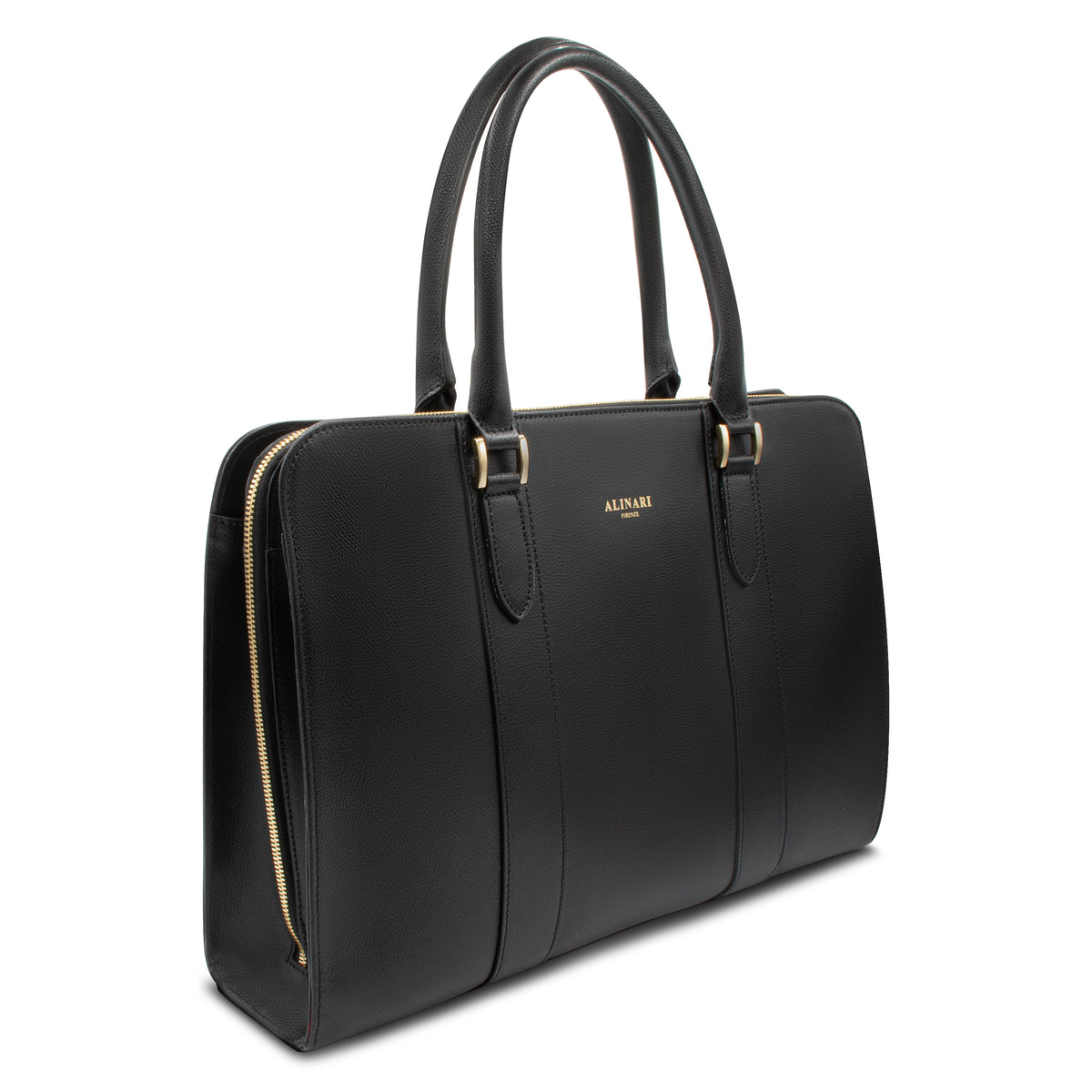 Alinari Tote, work tote in black textured Italian leather – three-quarter view