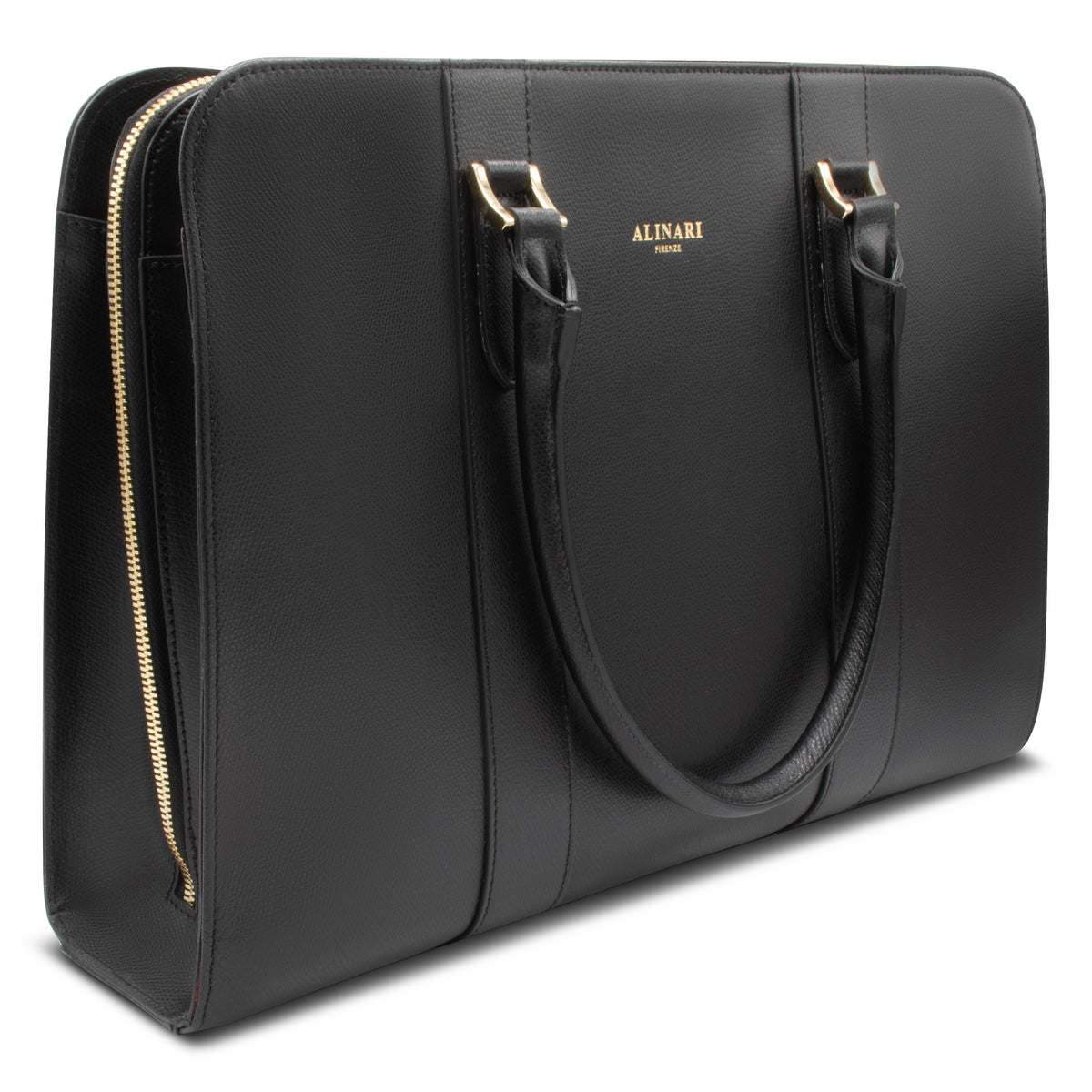Alinari Tote, work tote in black textured Italian leather – three-quarter view
