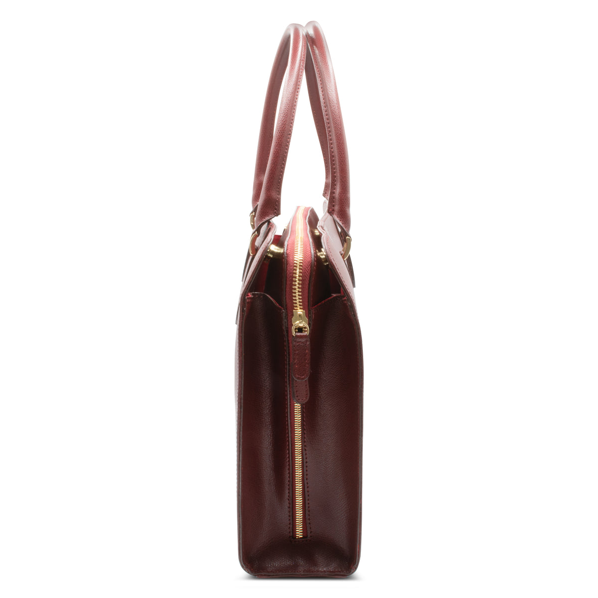 Alinari Tote, work tote in burgundy textured Italian leather – side view