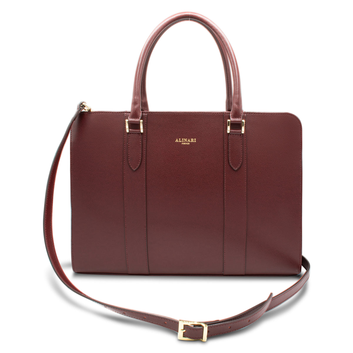 Alinari Tote, work tote in burgundy textured Italian leather – front view with shoulder strap