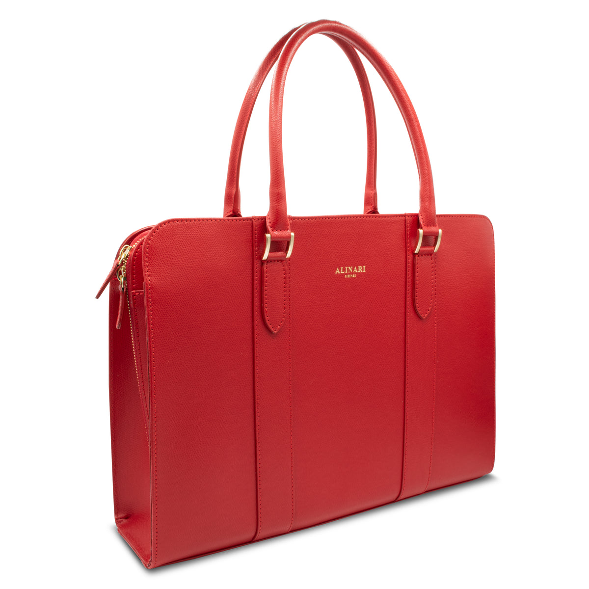 Alinari Tote, Business-Shopper aus rotem genarbtem italienischem Leder – Dreiviertelansicht