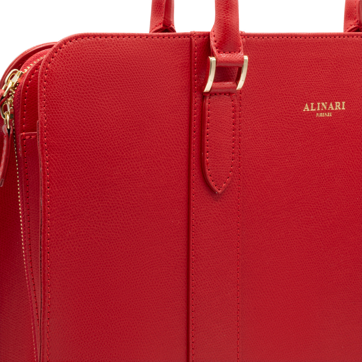 Alinari Tote, tote da lavoro in pelle italiana testurizzata rossa – dettaglio del logo e degli accessori