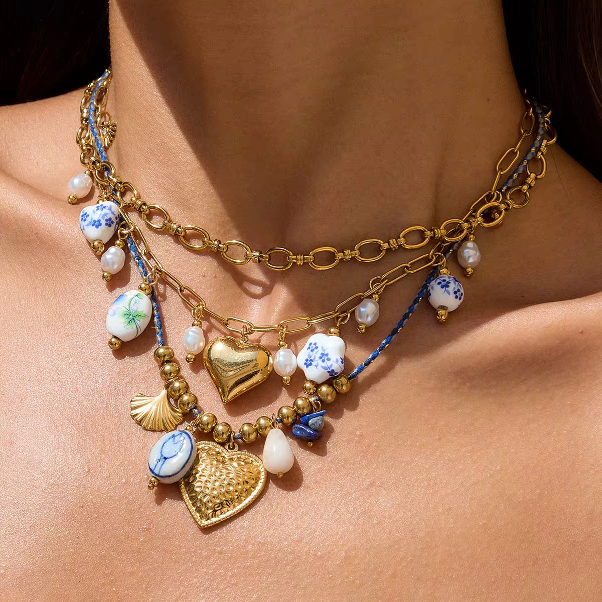 Blue and Gold Charm, layered necklace set in gold-plated alloy and ceramic beads – styled view 4 – Alinari Firenze