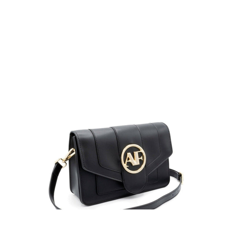 Brera, crossbody bag in black smooth Italian Ruga leather – three-quarter view with strap – Made in Italy