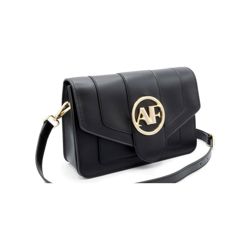 Brera, crossbody bag in black smooth Italian Ruga leather – three-quarter view with strap – Made in Italy