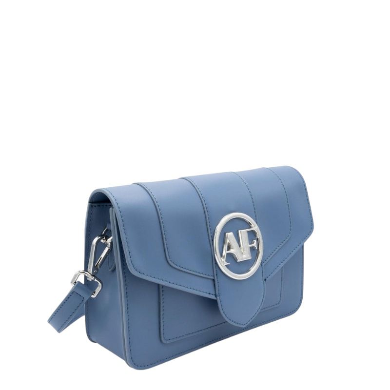 Brera, crossbody bag in blue smooth Italian Ruga leather – three-quarter view with strap