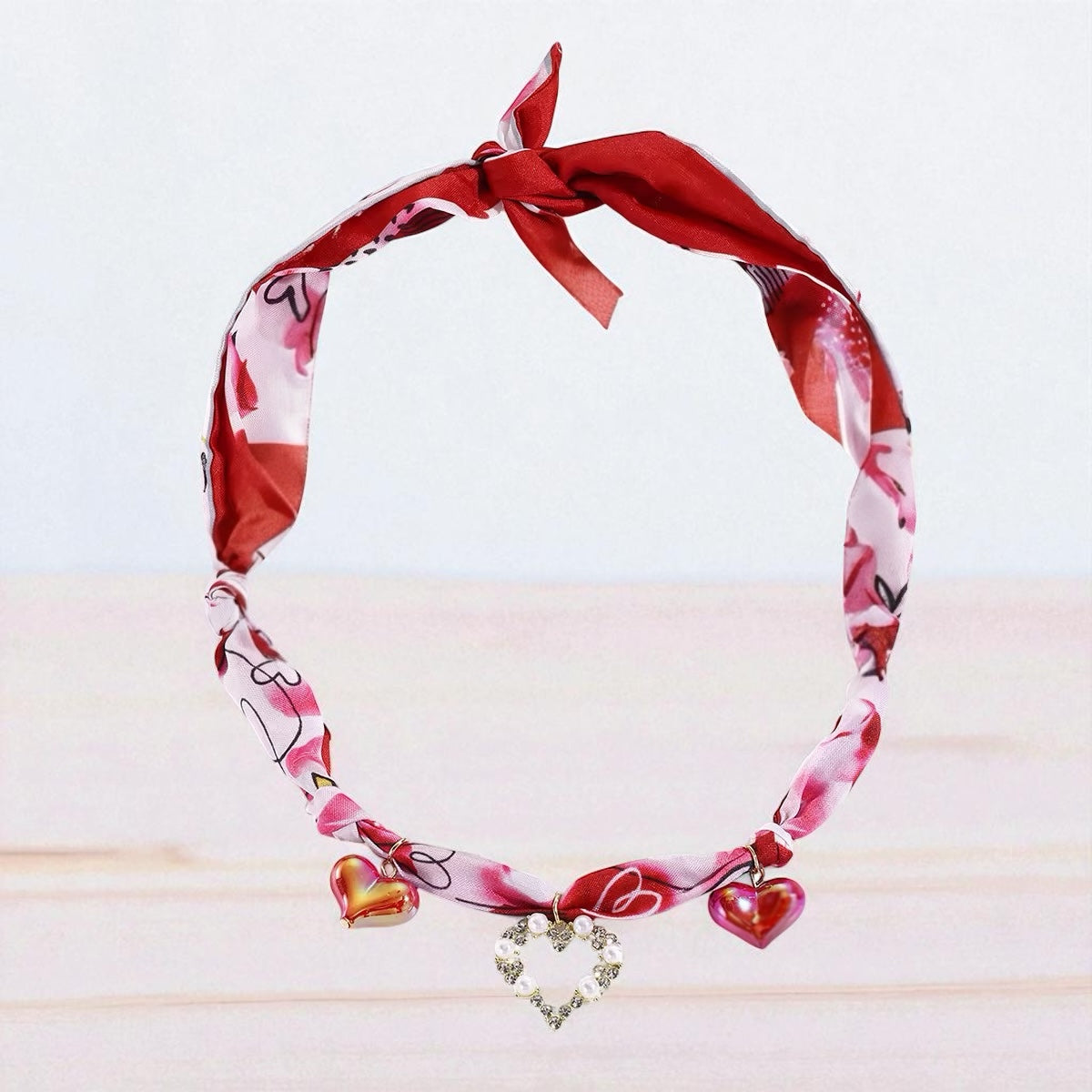 Charm Silk Scarf Necklace, necklace in red printed scarf and alloy charms – styled view 4 – Alinari Firenze