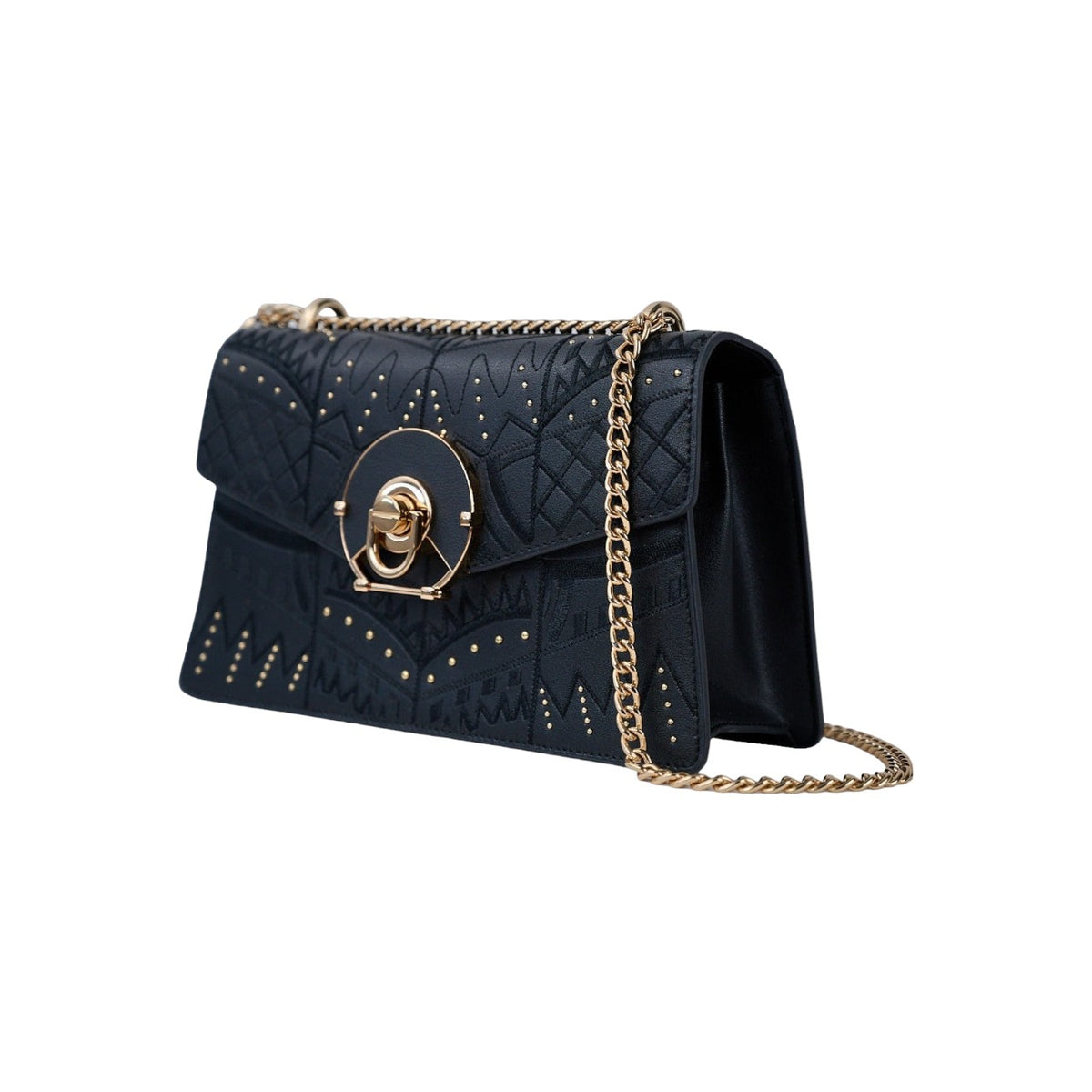 Ela, chain shoulder bag in black studded Italian leather – three-quarter view