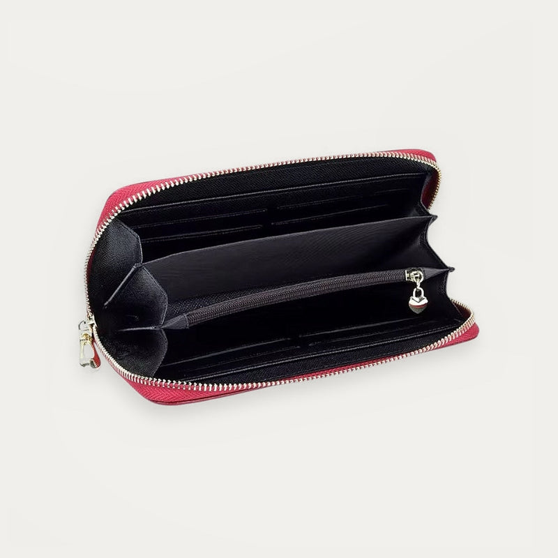 Elegant Wallet, zip-around wallet in red floral-embossed leather – product view – Alinari Firenze