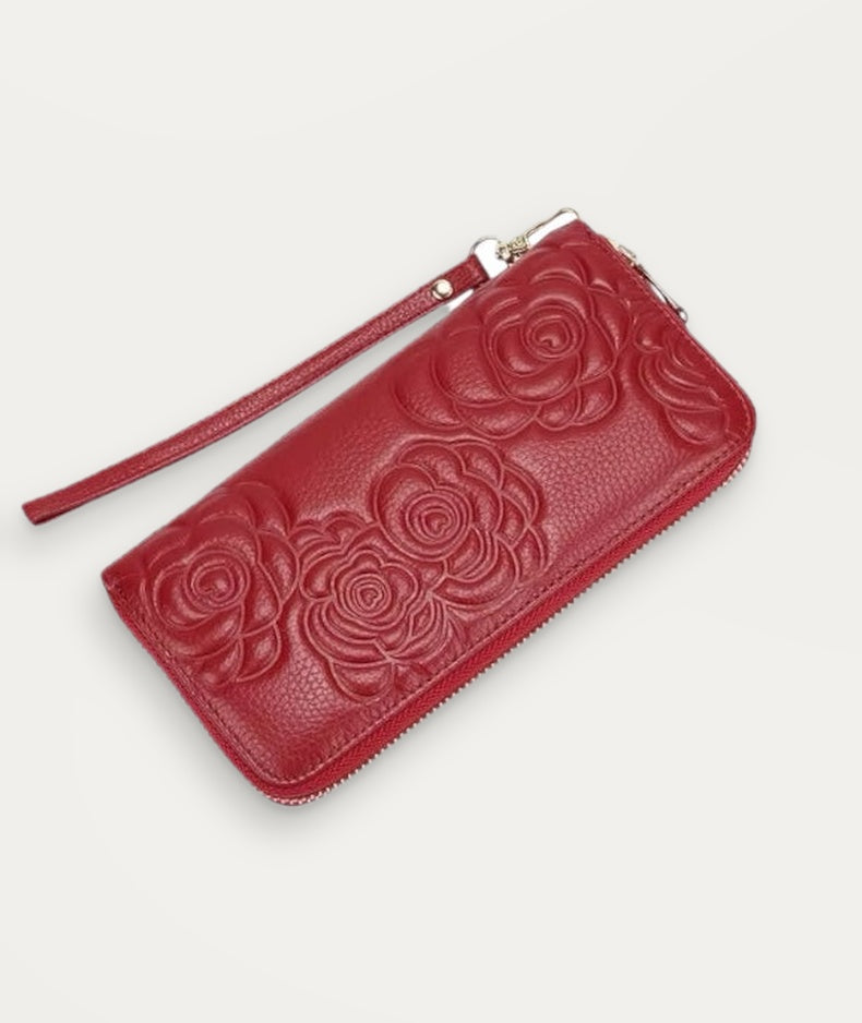 Elegant Wallet, portemonnee met rits rondom van rood leer met bloemenreliëf – productfoto 2 – Alinari Firenze