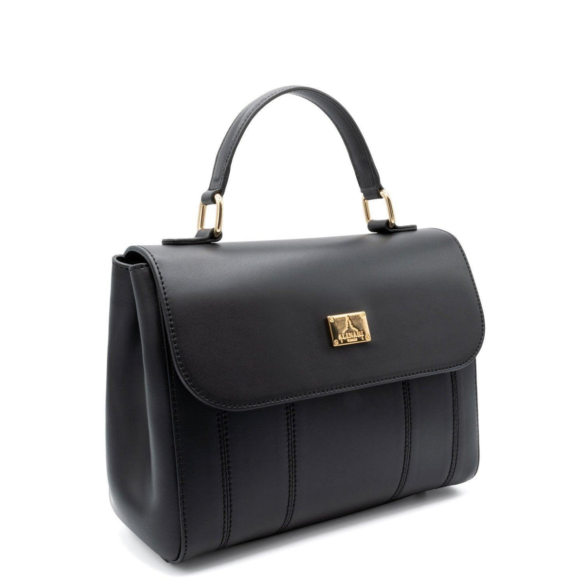 Trevi, top-handle handbag in black Italian Ruga leather – three-quarter view