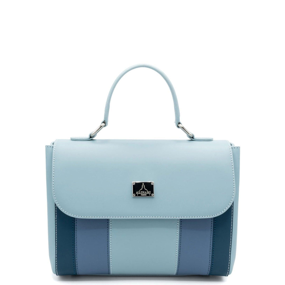 Trevi, bolso de mano en piel Ruga italiana azul claro con paneles a rayas – vista frontal – Made in Italy
