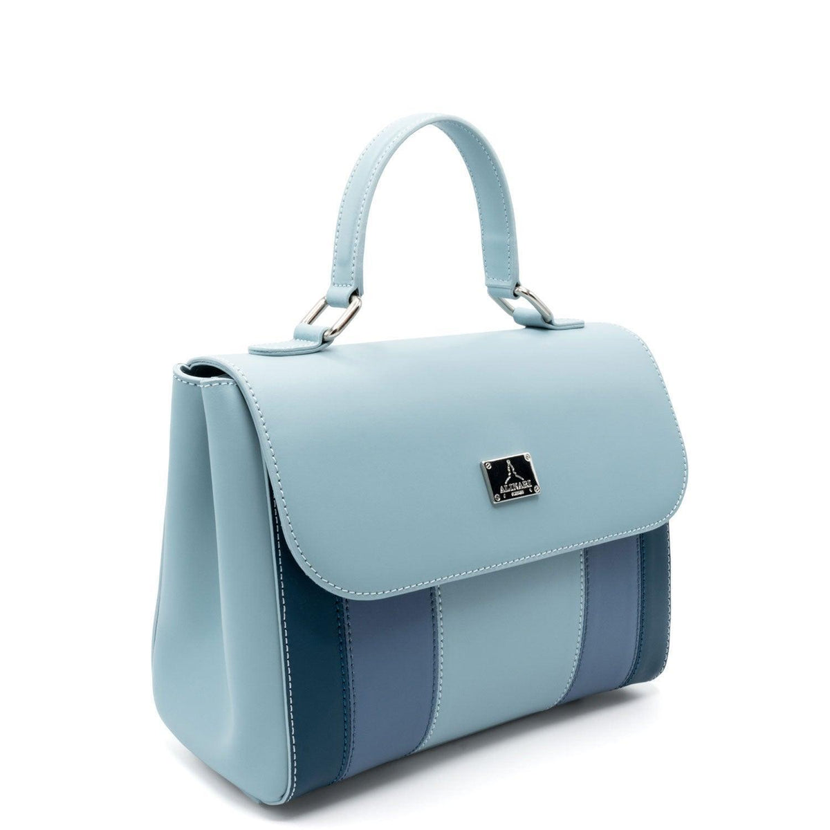 Trevi, bolso de mano en piel Ruga italiana azul claro con paneles a rayas – vista en tres cuartos