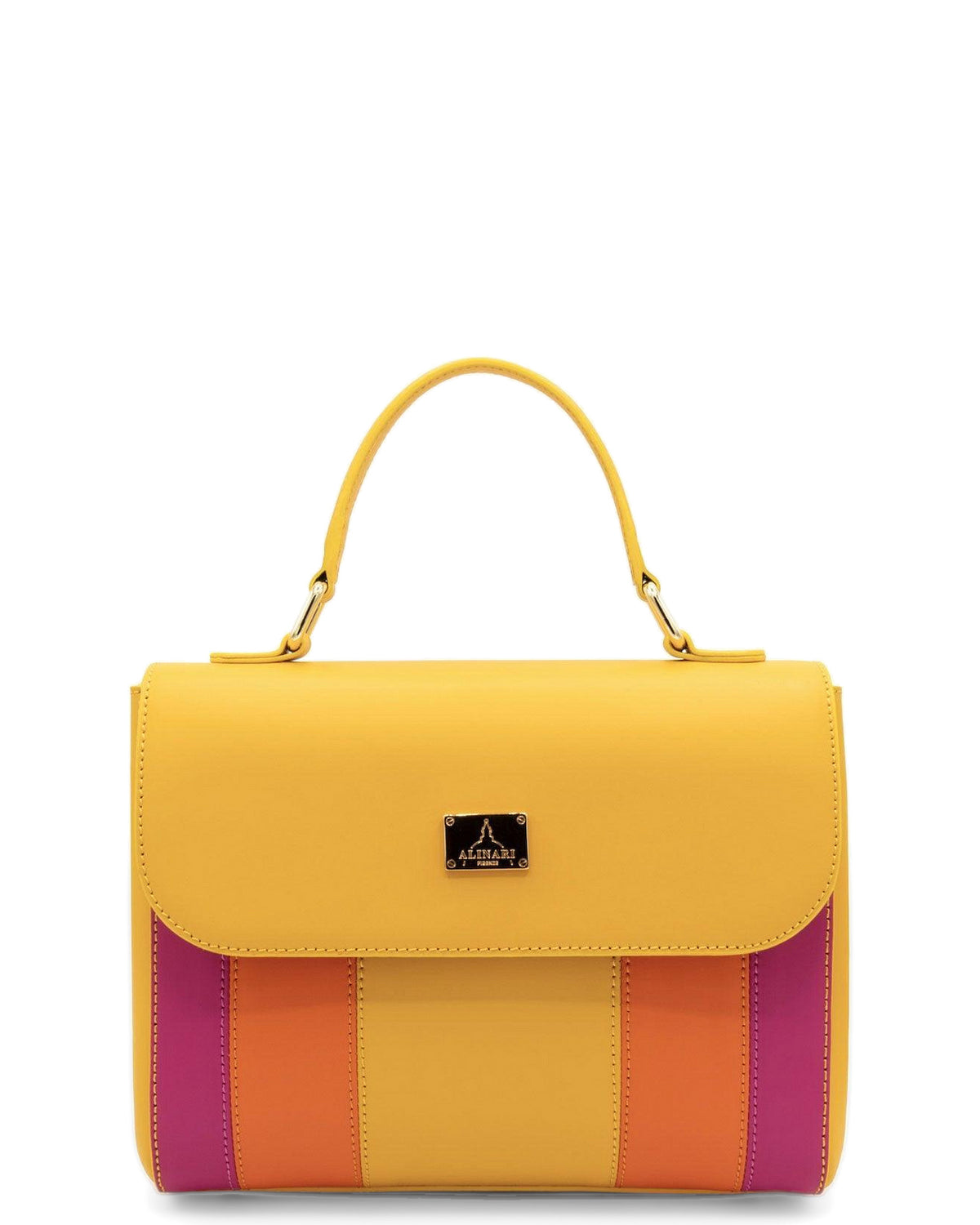 Trevi, Henkeltasche aus gelbem italienischem Ruga-Leder mit Streifeneinsätzen – Vorderansicht – Made in Italy