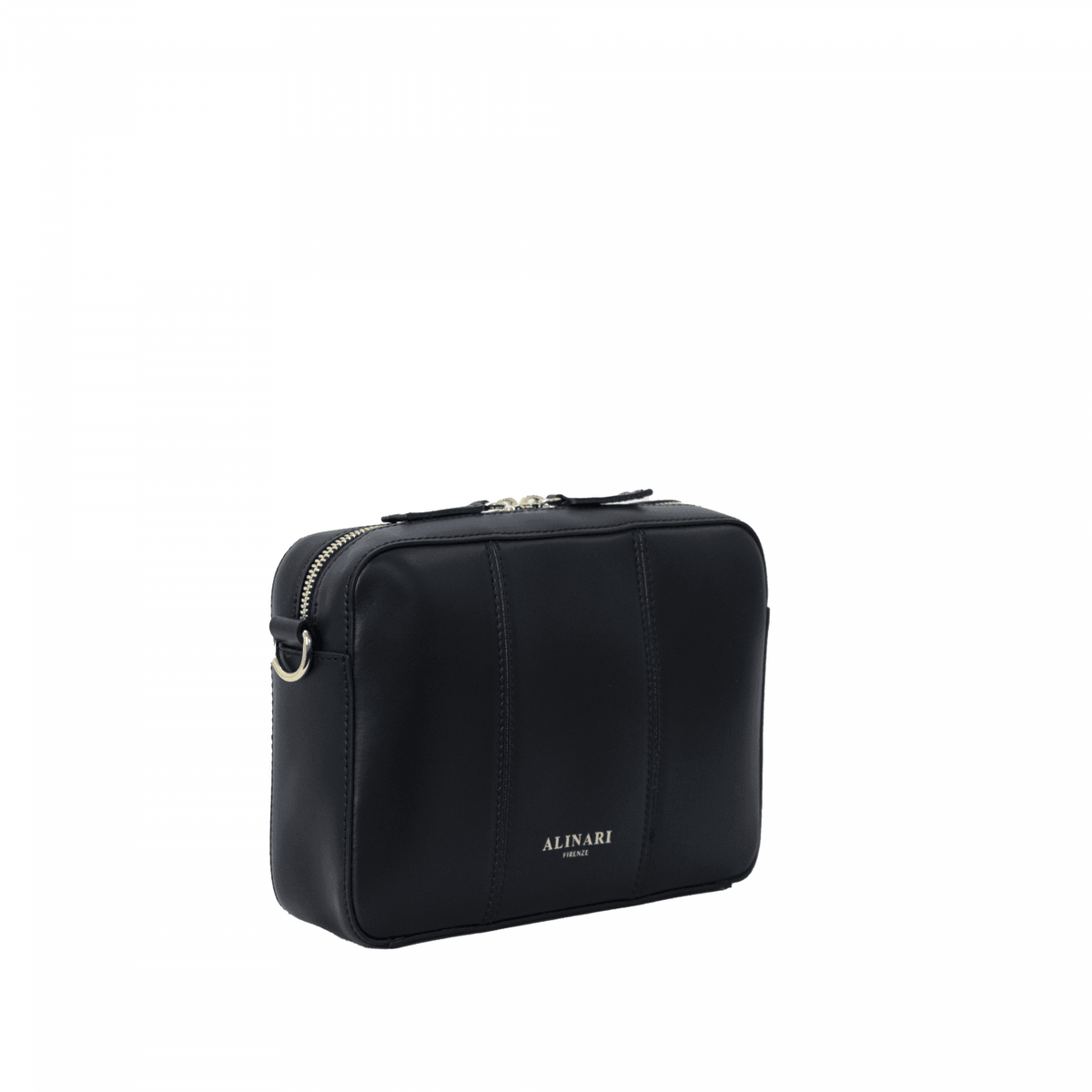 Flavia, crossbody bag in black Italian Ruga leather – three-quarter view