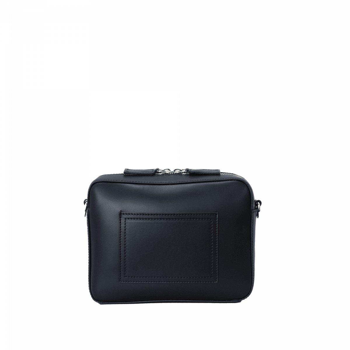 Flavia, crossbody bag in black Italian Ruga leather – back view with outer pocket