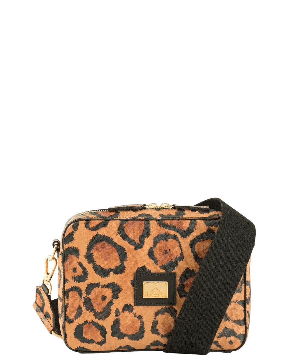Flavia, sac bandoulière en cuir Ruga italien imprimé léopard – vue de face avec bandoulière – Made in Italy
