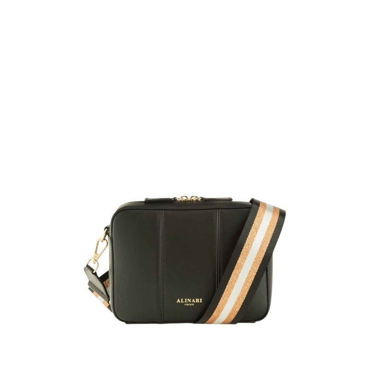 Flavia, crossbody bag in black Italian Ruga leather – front view with striped shoulder strap – handmade in Florence