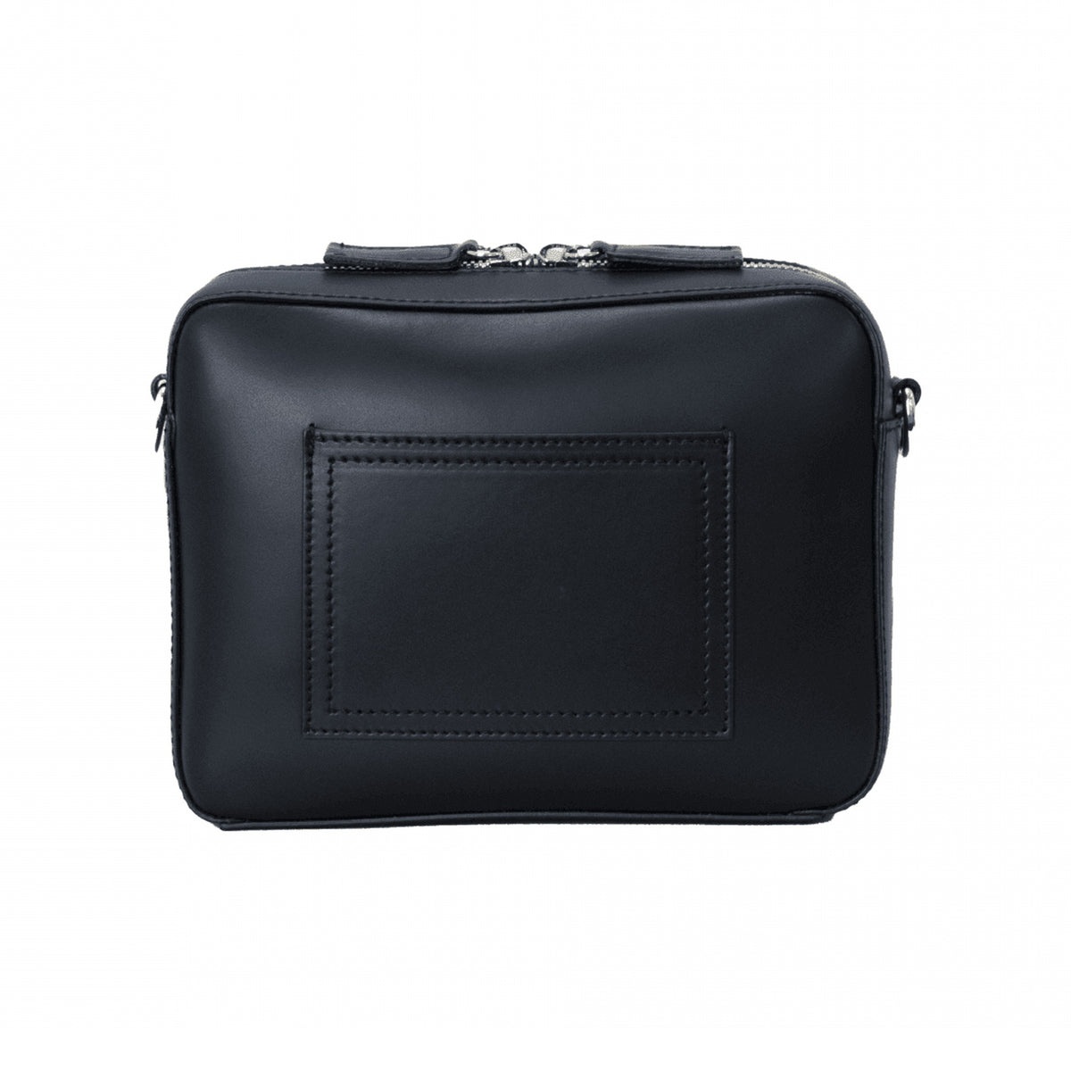 Flavia, crossbody bag in black Italian Ruga leather – back view with outer pocket