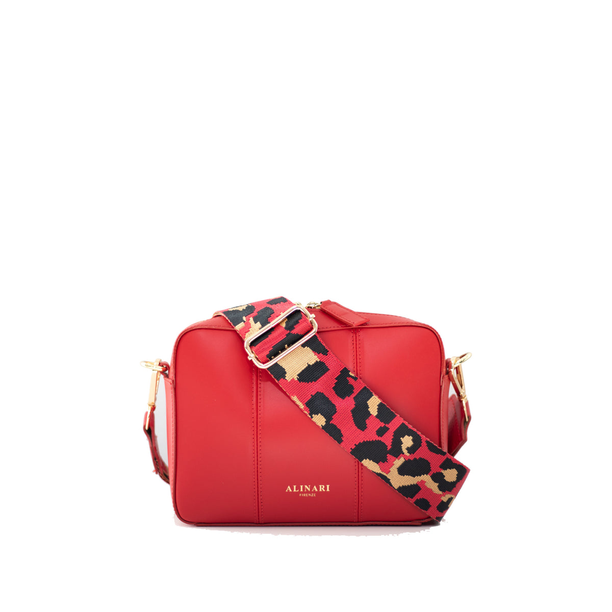 Flavia, crossbody bag in red Italian Ruga leather – front view with shoulder strap
