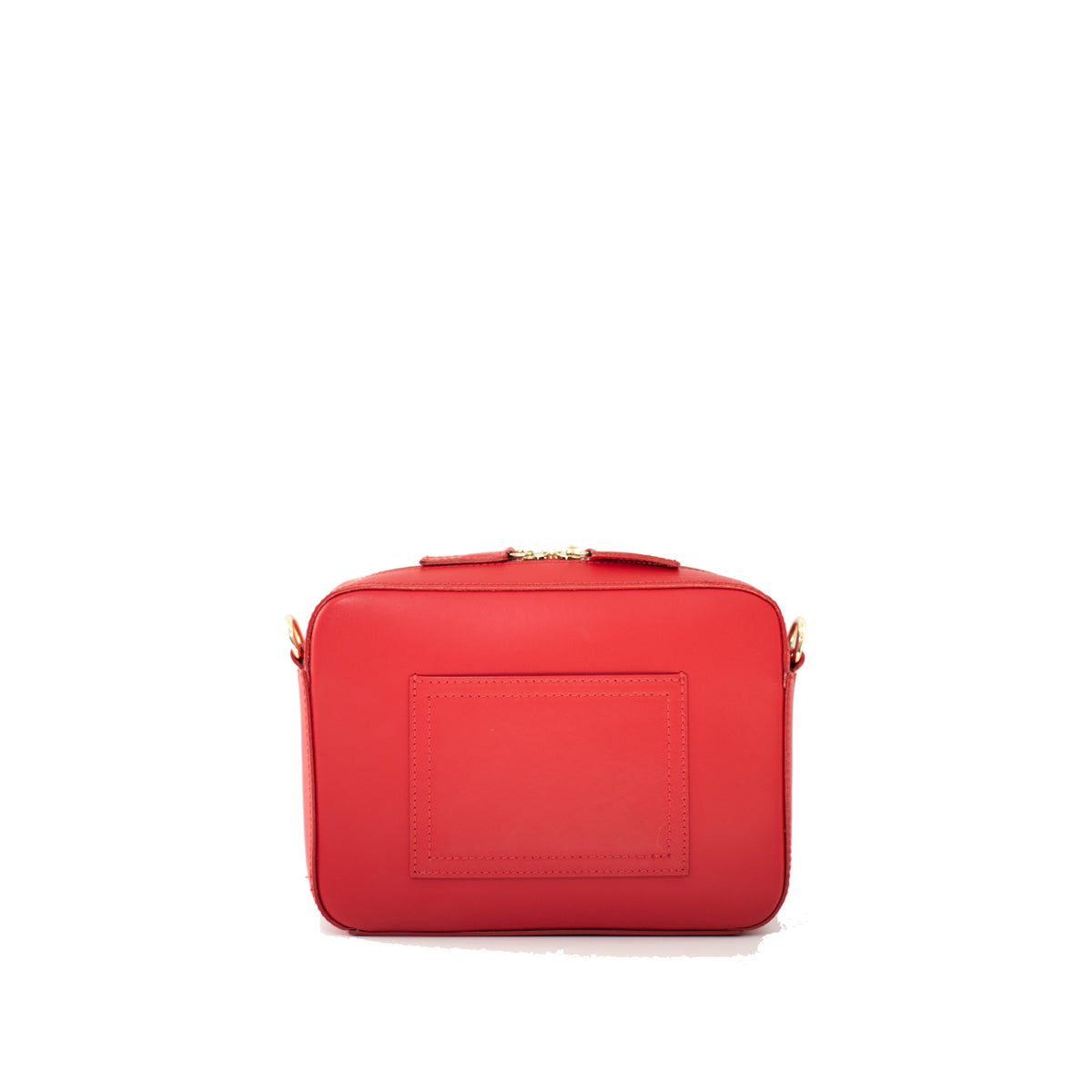 Flavia red leather crossbody bag, back with flat outer pocket – studio photo