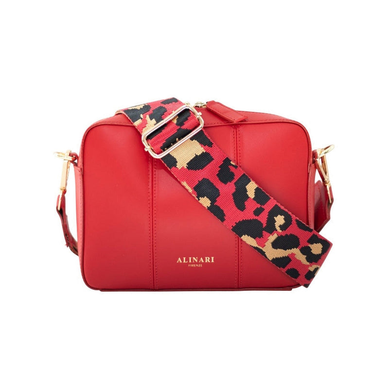Flavia red leather crossbody bag with leopard-print strap – front view