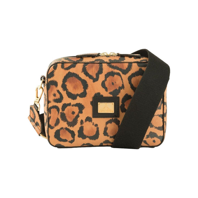 Flavia, crossbody bag in leopard-print Italian Ruga leather – front view with shoulder strap – Made in Italy
