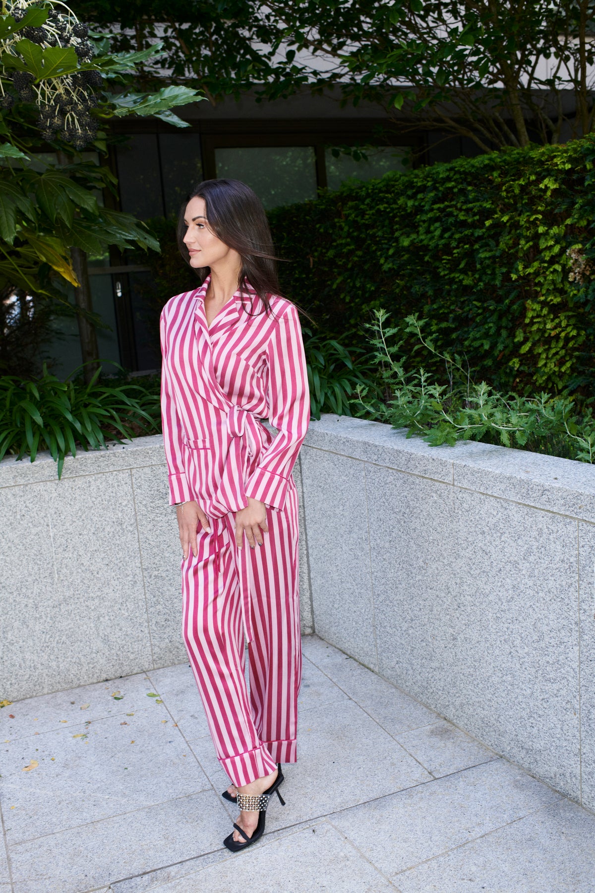 Justina, wrap top and trouser set in raspberry and white striped 100% Mulberry silk – on model 3 – Alinari Firenze