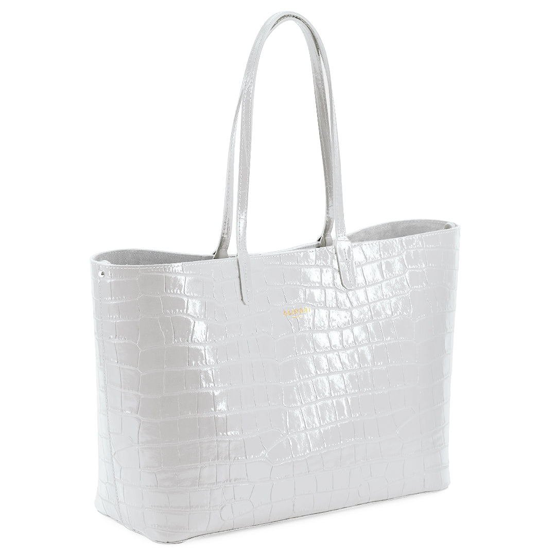 Maxima Croco Tote, cabas pour ordinateur en cuir italien embossé croco blanc – vue de trois quarts