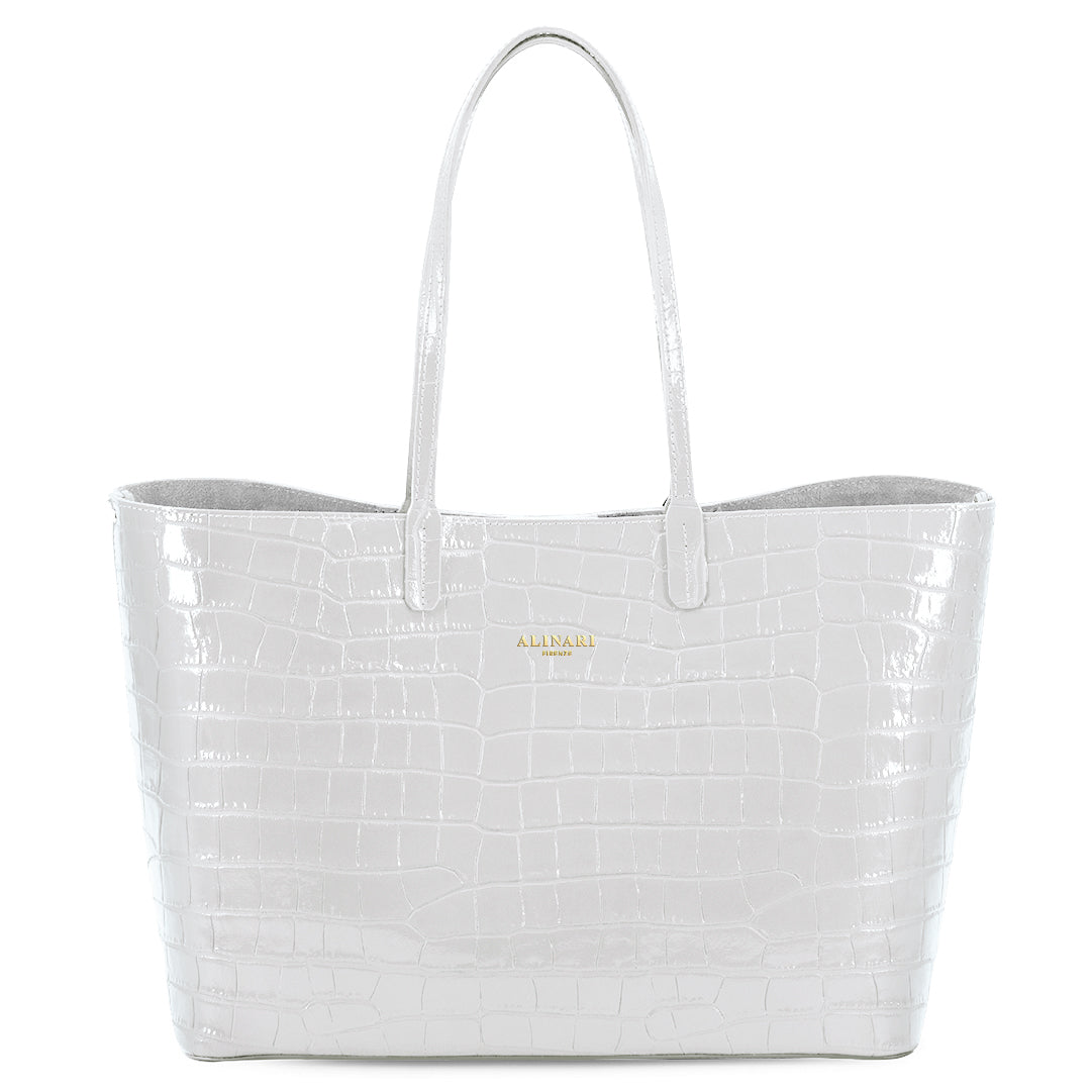 Maxima Croco Tote, laptop tote in white croc-embossed Italian leather – front view