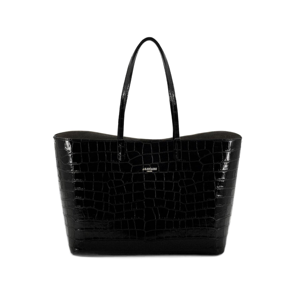 Maxima Croco Tote, laptop tote in black croc-embossed Italian leather – front view – Made in Italy