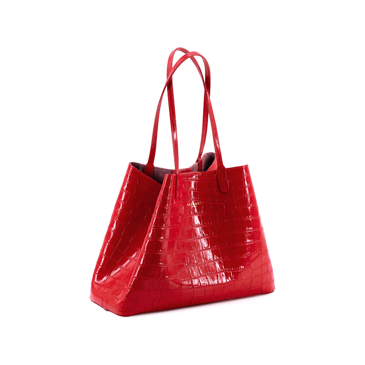 Maxima Croco Tote, laptop tote in red croc-embossed Italian leather – angled view with the open top