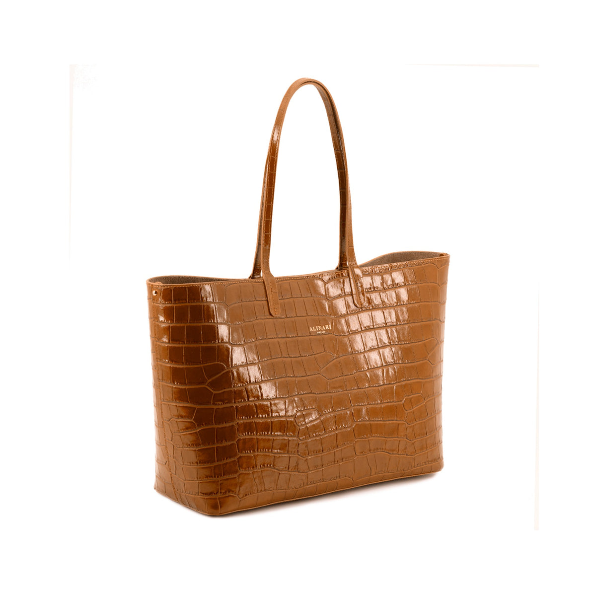 Maxima Croco Tote, laptop tote in camel croc-embossed Italian leather – three-quarter view