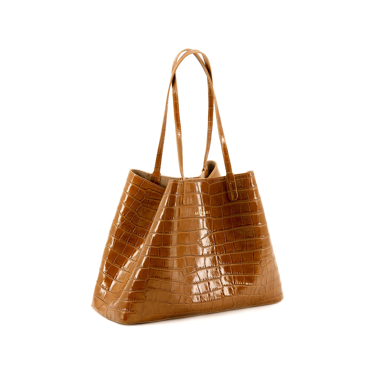 Maxima Croco Tote, laptop tote in camel croc-embossed Italian leather – angled view with the open top