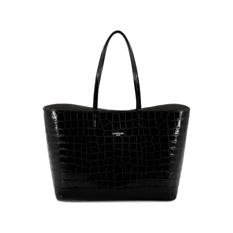 Maxima Croco Tote, laptop tote in black croc-embossed Italian leather – front view – Made in Italy