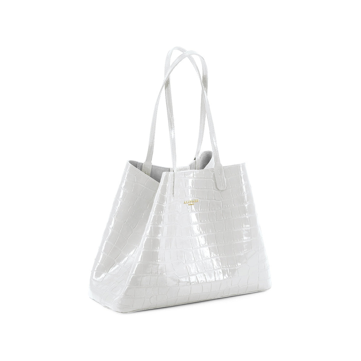 Maxima Croco Tote, laptop tote in white croc-embossed Italian leather – angled view with the open top