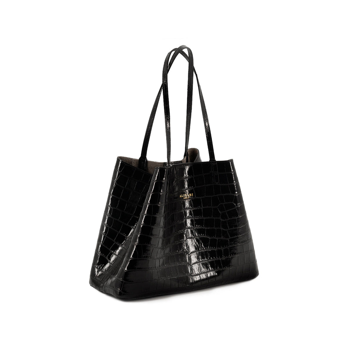Maxima Croco Tote, laptop tote in black croc-embossed Italian leather – angled view with the open top