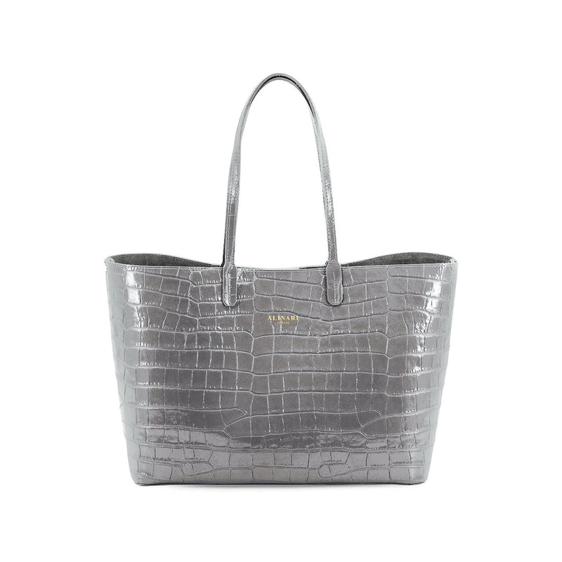 Maxima Croco Tote, laptop tote in grey croc-embossed Italian leather – front view – Made in Italy