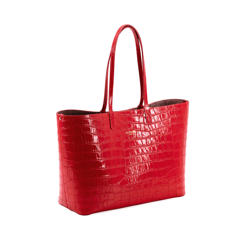 Red croc-embossed leather tote bag Maxima Croco, handmade in Florence – three-quarter angle