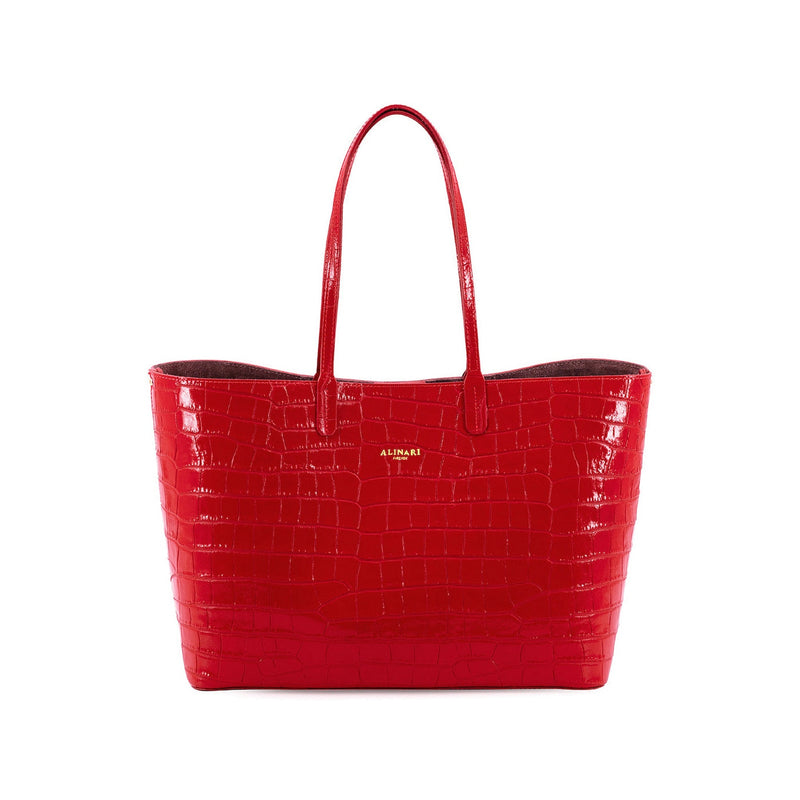 Maxima Croco Tote, laptop tote in red croc-embossed Italian leather – front view – Made in Italy